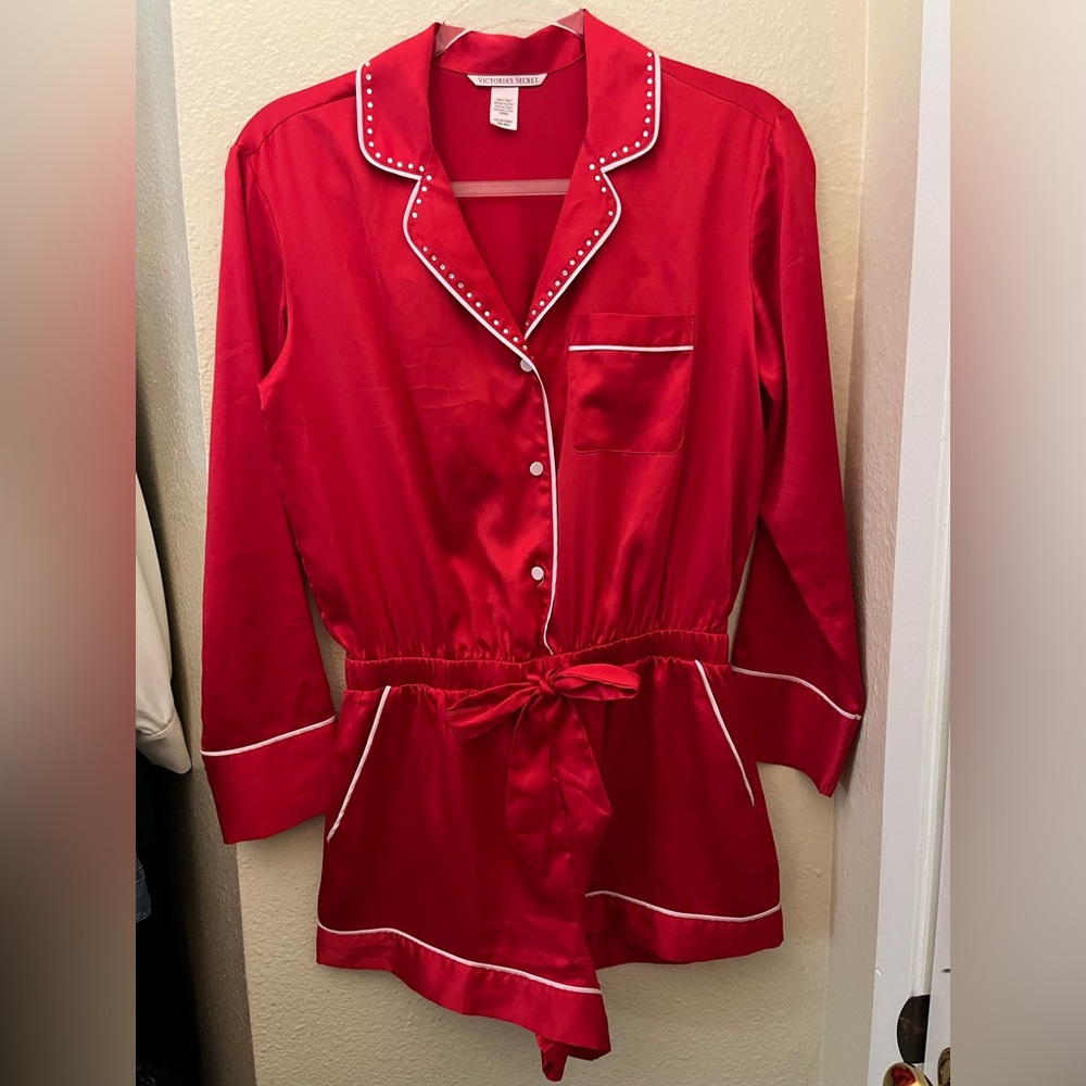 Victoria's Secret Red Satin Pajama romper with White Trim size XS